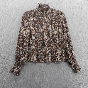 House of Harlow 1960 Floral Smocked Neck Blouse Top XS Multi Golf Metallic Women